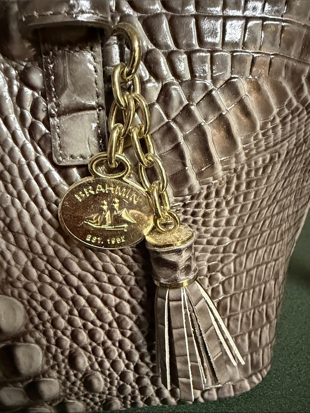 Brahmin Asher Shoulder Bag in Taupe with Cream Bow Charm - Picture 3 of 16